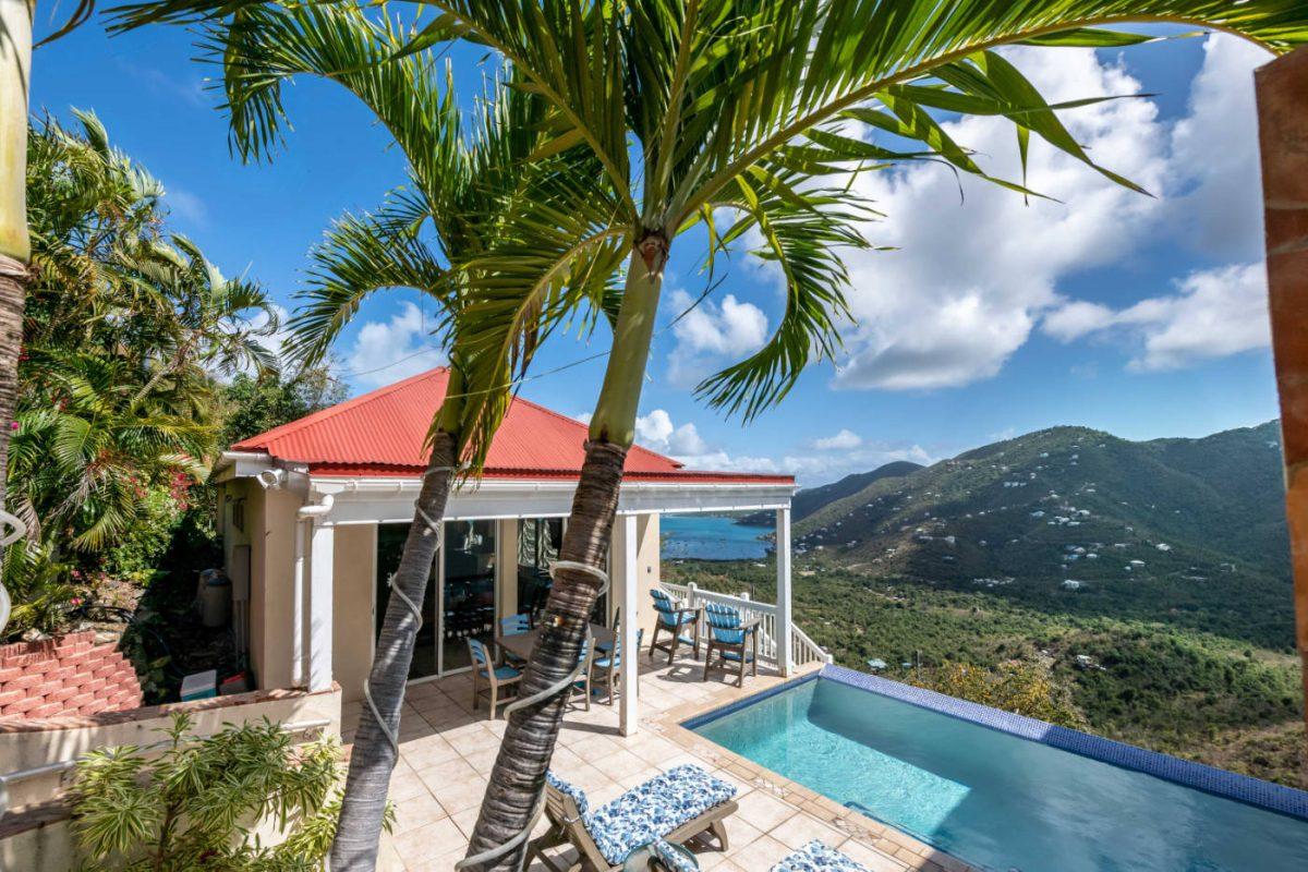 Blue Palm Villa pool deck with panoramic views over Coral Bay from Upper Carolina, St. John