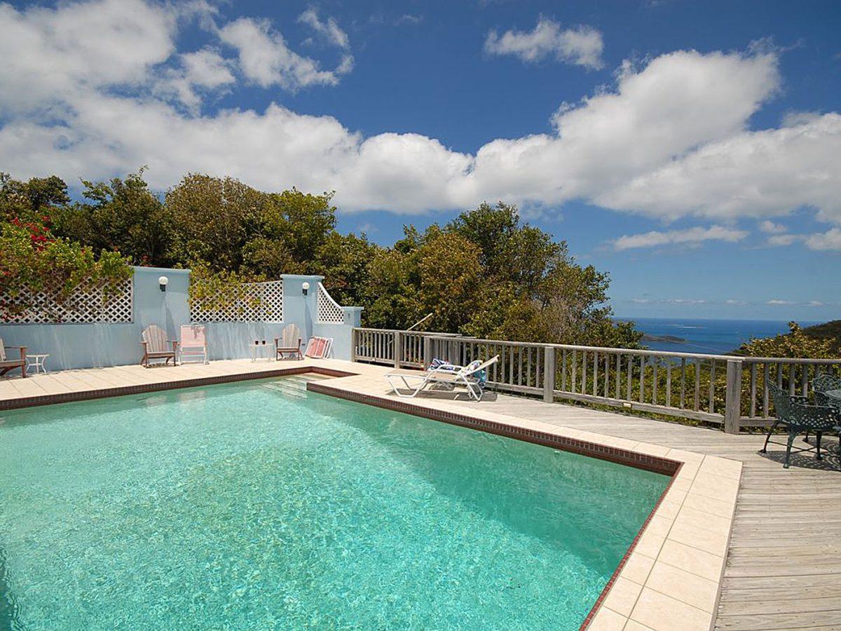 Swogjan's Dragon villa pool and deck with panoramic views over the Virgin Islands, Estate Carolina, St. John