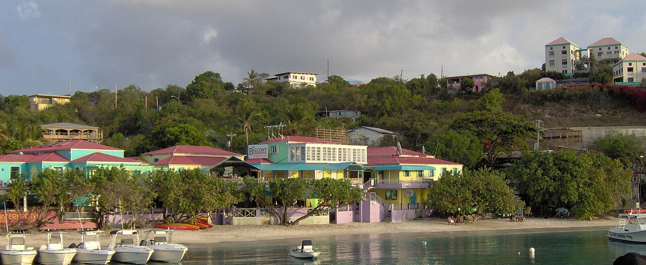 Colorful waterfront buildings and boats at Cruz Bay, St. John